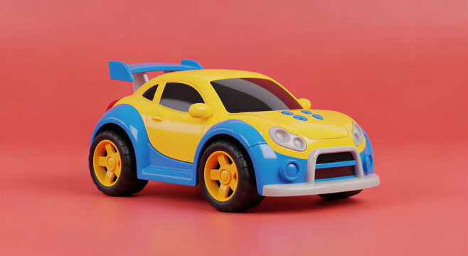 Yellow and blue toy car with spoiler on red background transparent background