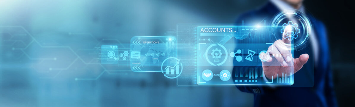 Account Executive pointing at Account management on a digital screen. Client relationships, contract renewals, and portfolio growth. Maintaining long-term partnerships and satisfaction.