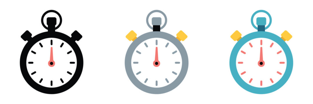 Stopwatch icon set on white background, vector illustration for time tracking, countdown, performance measurement, and timing control concepts.