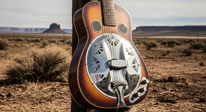 A Vintage Dobro Resonator Guitar Resting Against a Wooden Post in a Dusty Desert Landscape