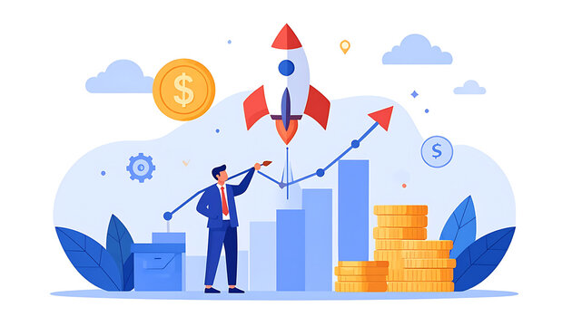 Businessman directing a rocket launch from a growing financial chart, symbolizing startup growth, investment strategy, and business expansion with coins and clouds