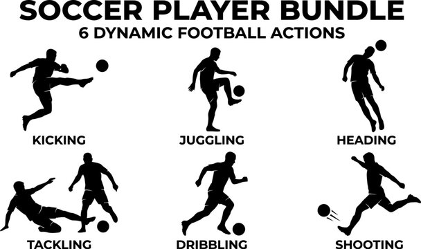 Soccer player bundle with six dynamic football actions  kicking juggling heading tackling dribbling shooting