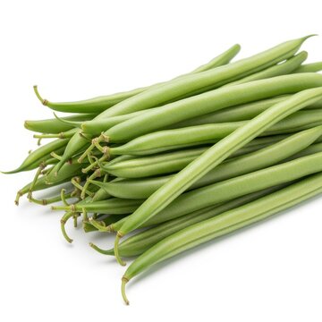 a bunch of green okra pods with stems on one end, on a plain white background, likely used for cooking or eating