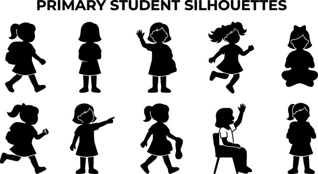 primary student silhouettes of children in various poses and actions
