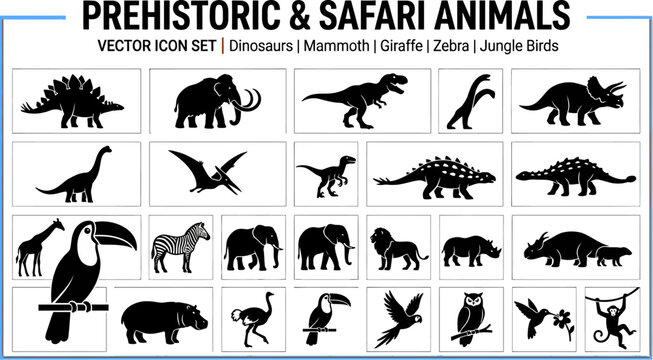 prehistoric and safari animals vector icon set with dinosaurs mammoths giraffes zebras and jungle birds