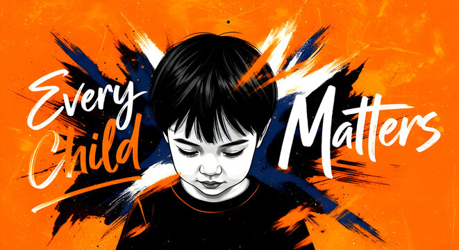 Every Child Matters conceptual illustration with a young boy portrait on a vibrant orange background for awareness