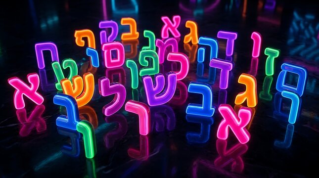 Colorful neon Hebrew letters on black background