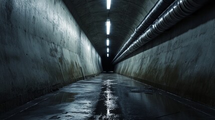 Obraz premium Exploration of an underground sewer tunnel with wet concrete walls and dramatic lighting features