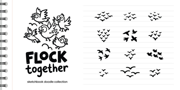 Hand drawn bird flock doodle collection with cartoon birds and flight silhouettes on notebook paper