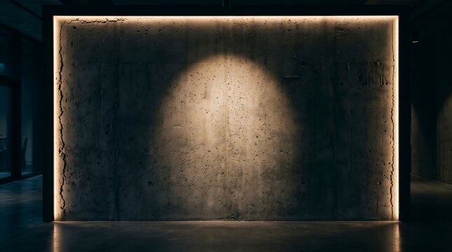 Concrete wall with vertical LED strip lighting and central spotlight in a modern interior space