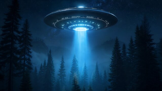 Mysterious ufo descends over dark forest at night with flying saucer, light beam