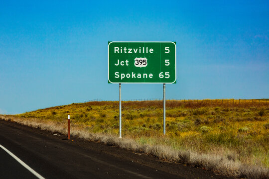 Road sign on Interstate 90 for Ritzville and Spokane