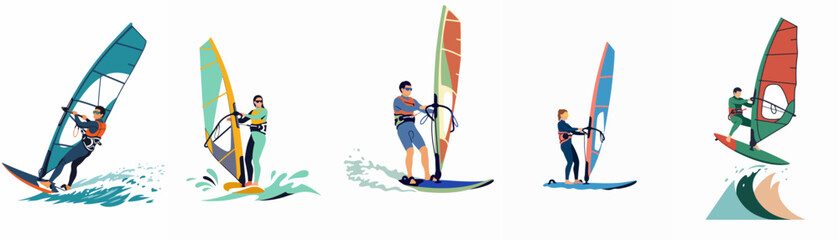 Set of vector illustrations featuring men and women windsurfing, depicting various poses and movements on water, isolated on white background for sports themes. © Kenji