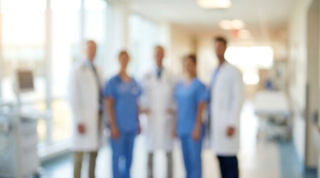 Defocused group of healthcare professionals standing in a hospital corridor blurred medical team in scrubs and lab coats high quality professional detailed modern elegant