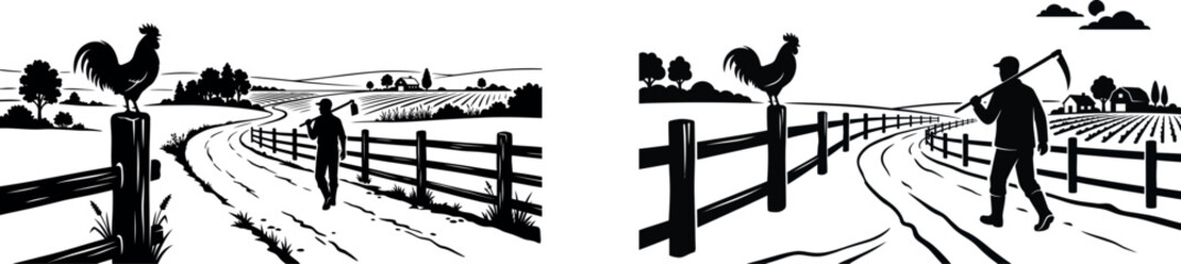Black Silhouette of Farmer Walking on Countryside Road with Rooster on Fence Post, Rural Farm Fields and Barn in Background Vector Illustration, Traditional Farming Life Concept © Mubeen