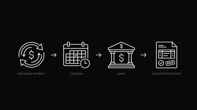 Minimalist financial process flowchart featuring white linear icons representing recurring payments scheduled calendars banking transactions and paid invoices