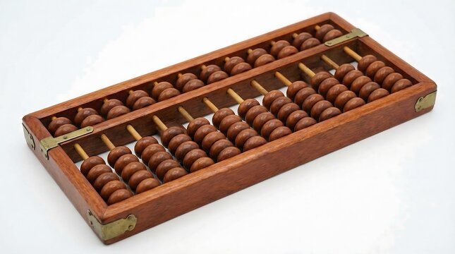 A traditional wooden abacus, a classic calculating tool with rows of beads, presented on a white background, showcasing its historical significance in mathematics and education
