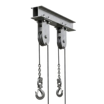 a metal pulley system with two chains and hooks hanging from it, against a white background