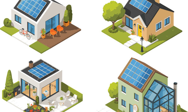 Modern eco friendly houses with solar panels on roofs isometric green energy vector illustration set