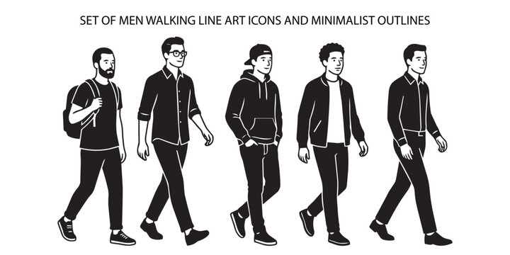 Set of Men Walking Line Art Icons and Minimalist Outlines