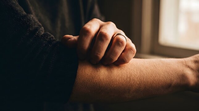 Close up of person scratching wrist due to nervous anxiety and stress symptoms at home with warm lighting