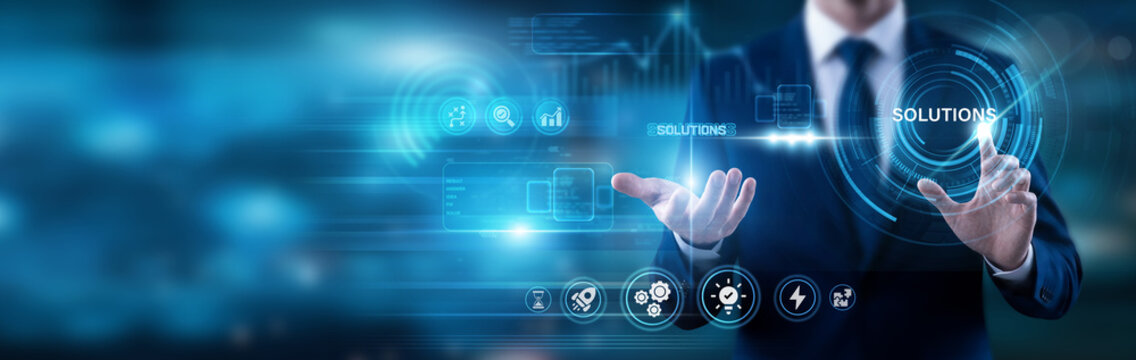 Consultant pointing at Solutions text. Developing specialized products or services designed to address the specific pain points and operational challenges faced by modern business clients.
