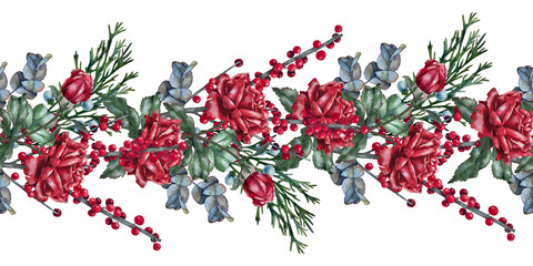 Seamless border with red roses, berries, fir branches and eucalyptus in green and gray tones, watercolor illustration in realistic style. for textile, packaging, christmas decor and stationery. © Mea_ta 