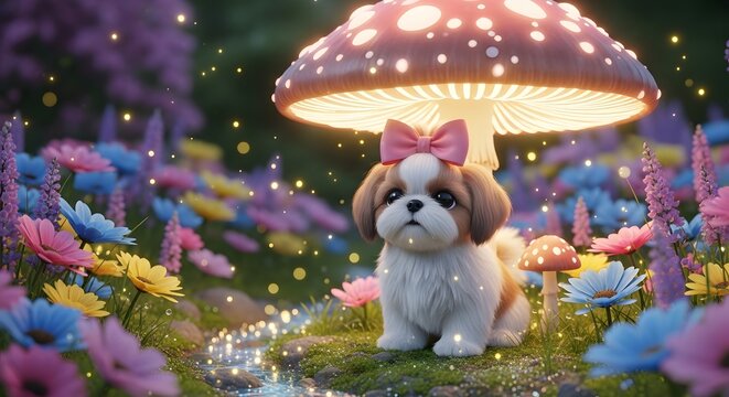 Adorable shih tzu puppy wearing a pink bow sits in a magical forest filled with glowing mushrooms and colorful flowers at dusk