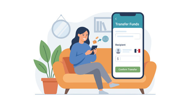Woman Using Mobile Banking App On Couch.