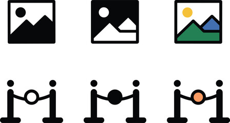 Vector icon set featuring gallery photo image placeholder and stanchion barrier queue rope in three distinct styles © mstlipibegum