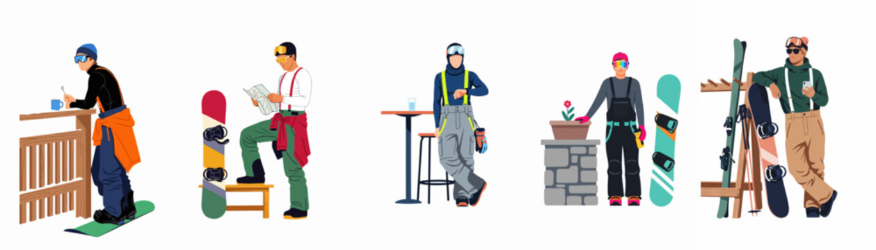 Vector Illustration Collection of Young People in Winter Sports Gear Posing at a Ski Resort