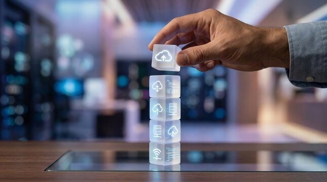 Hand placing cloud icon cube on stack of data blocks