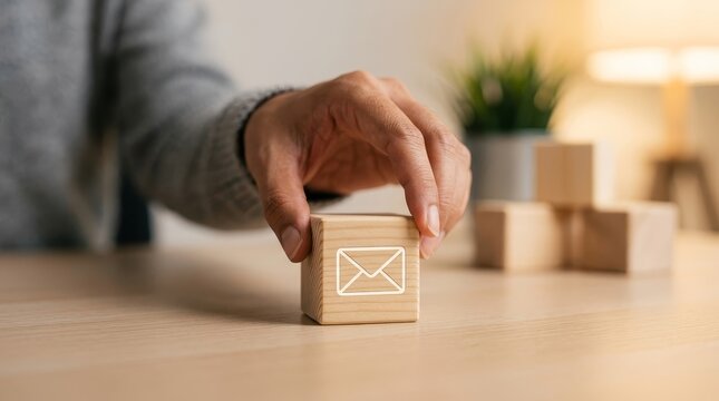 Hand placing a wooden block with an email icon