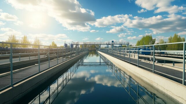 Water purification plant with metal walkways and tanks under a bright sky viewed from a low angle