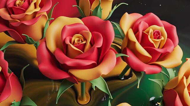 Vibrant roses in shades of red and yellow emerge from a swirling liquid background of black, green, and orange, showcasing a dynamic and colorful visual progression across the frames