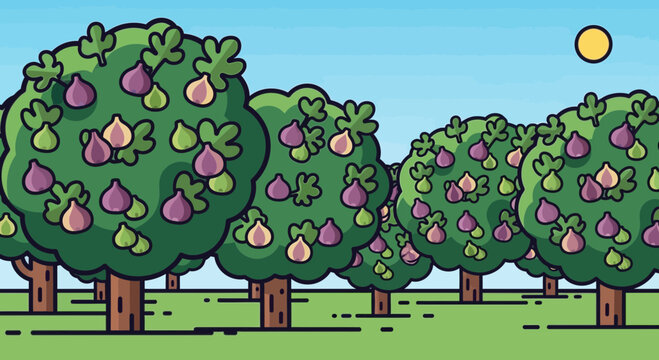 Cartoon fig trees with ripe fruit growing in a sunny garden