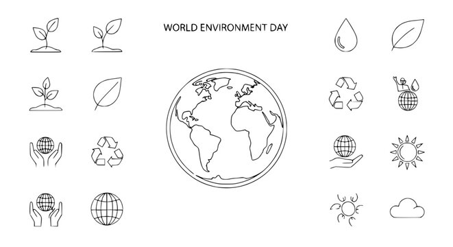 World Environment Day Icons: Earth, Recycling, Plants, Sun, Water Drop, Hands Holding Globe