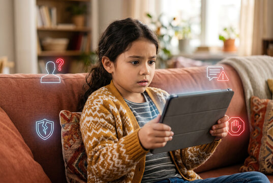 Alert Hispanic Girl Holding Tablet with Holographic Suspicious Stranger Online Message Warning Icons in Living Room, Child Internet Safety and Predator Awareness Concept