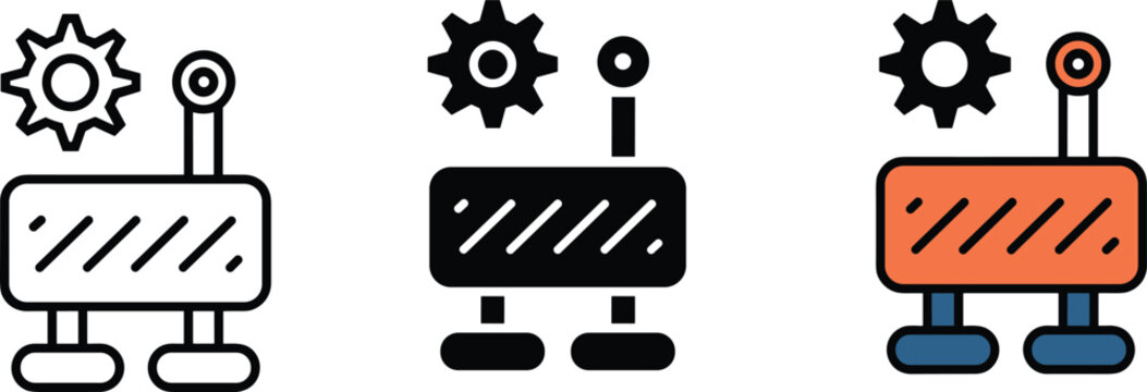 Under construction road barrier vector icon set with gear cogwheel and warning light in three styles