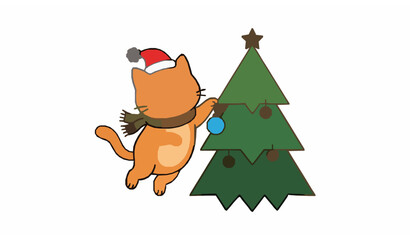 Fototapeta premium Funny kawaii Christmas kitten hanging ornaments on festive tree cute cartoon vector coloring page