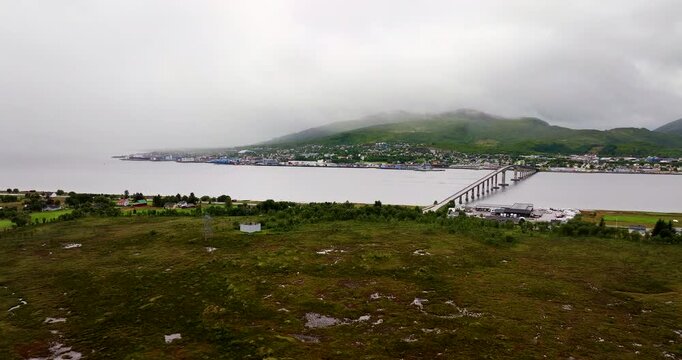 Aerial view of Sortland bridge connecting Hinnoya and Langoya in Northern Norway