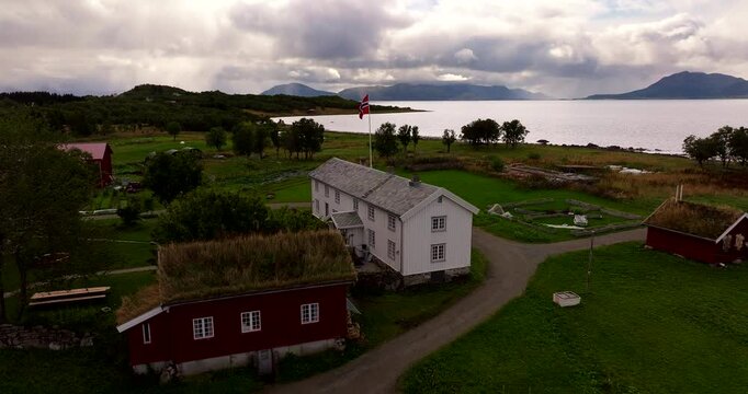 Kvitnes gaard Wedding Venue, Traditional Farming Facilities, Rural Business, Sortland Northern Norway, Aerial