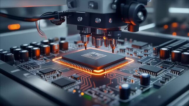 Robotic arm placing chip on a glowing circuit board. Robotic arm industrial automation technology. Robotic arm hardware assembly and electronics engineering graphic.