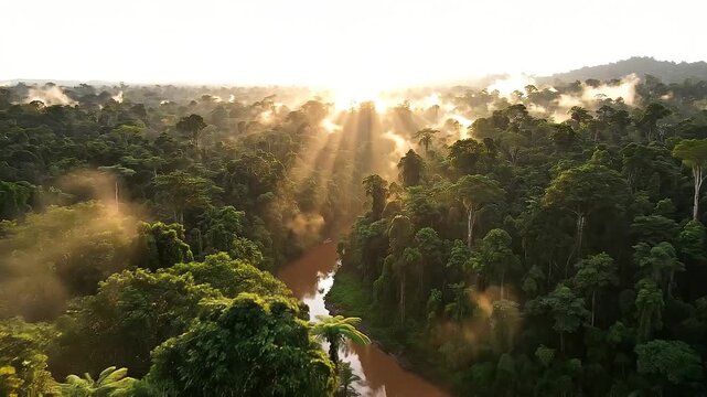 Sunbeams breaking through mist over a dense tropical rainforest canopy with large fern fronds in the foreground at sunrise