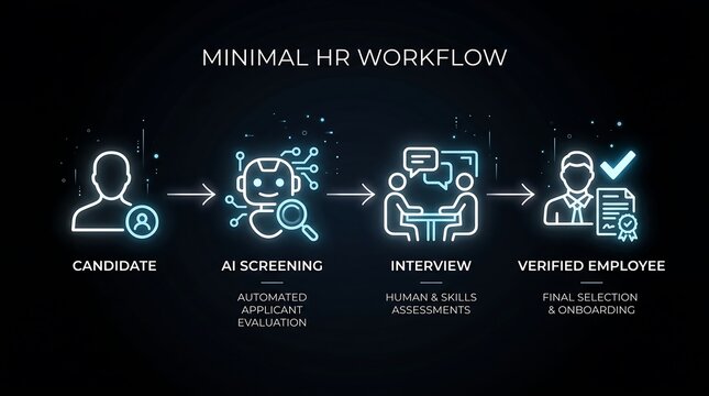 Minimal hr workflow infographic featuring neon glowing icons for candidate screening ai analysis interview process and final verified employee onboarding selection