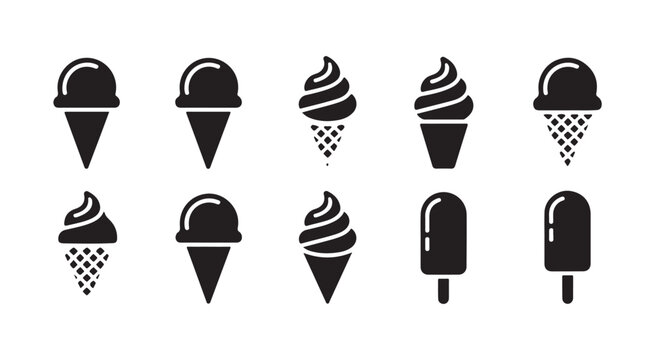 Minimalist ice cream cone and popsicle icons set in black silhouette style for summer food menu and web design.