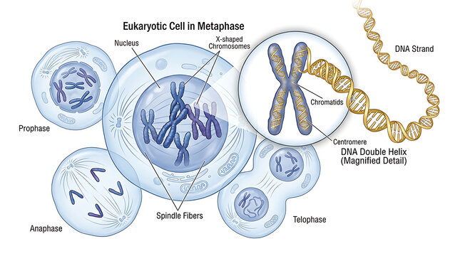 Eukaryotic cell cycle illustration metaphase prophase anaphase and telophase stages with chromosome detail
