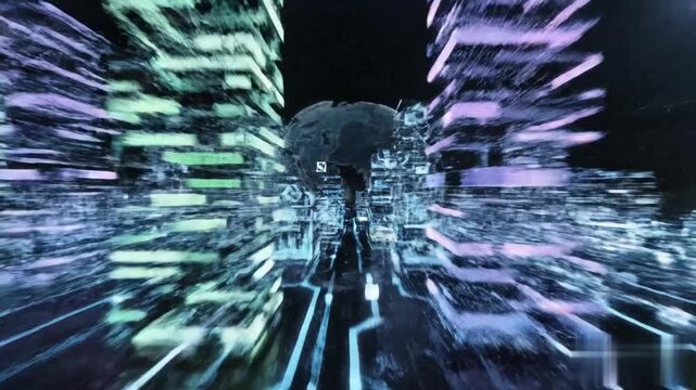 Vibrant 3D abstract illustration representing the growth of digitalization with futuristic network connectivity data streams and technological progress in a glowing blue cyberspace environment