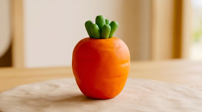 Small orange carrot sculpture made of modeling clay on a wooden surface
