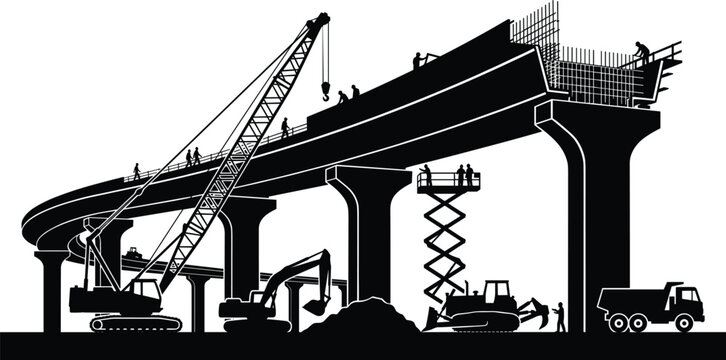 Silhouette vector illustration of a highway bridge under construction featuring heavy machinery cranes excavators and workers on a white background.